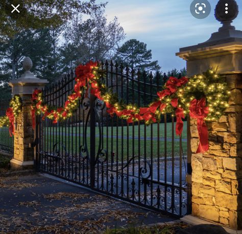 Gates And Fences, Christmas Entry, Outdoor Gate, Gate Decoration, Front Gates, Christmas Porch Decor, Golden Gate Park, Fence Decor, Christmas Bow