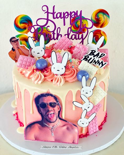 Bad Bunny Desserts, Bad Bunny Birthday Cake Ideas, Bad Bunny Cake Ideas, Bad Bunny Themed Birthday Purple, Bunny Cake, Birthday Cake, Cake, Birthday