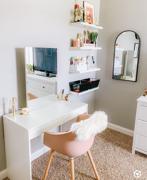 Desk / Vanity Area, Corner Beauty Vanity, Desk Vanity Combo For Teens, Mirror Corner Makeup Vanity, Corner Shelves Makeup, Corner Vanity Ideas, Girls Vanity Table, Bedroom Vanity Desk, Vanity Nook