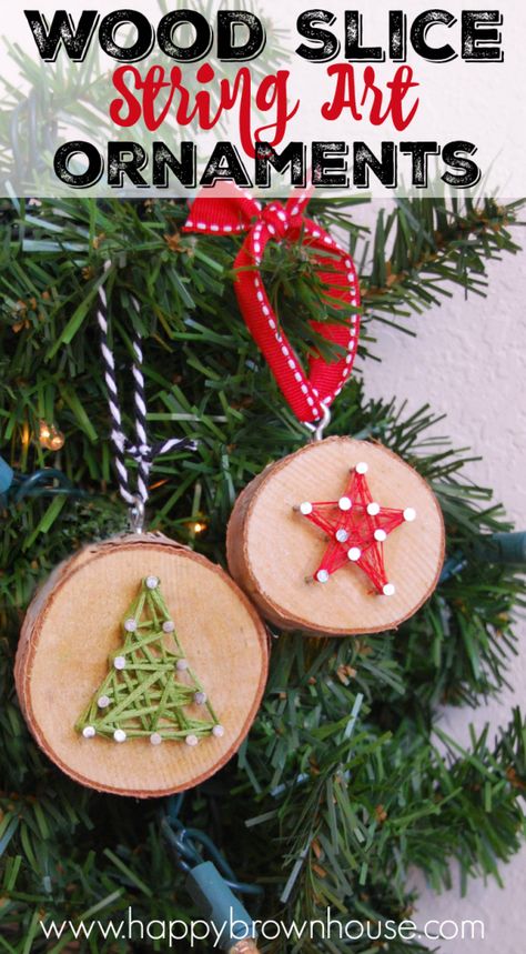 These rustic DIY Wood Slice String Art Ornaments are simple to make and look beautiful on the Christmas tree. Give as a gift or add to the top of a present for a creative gift topper idea. Inspired by a Christmas children's book, these kid's Christmas ornaments are perfect for fine motor skills practice. Wood Slice Christmas, Cheap Christmas Diy, Diy Christmas Tree Ornaments, Wood Slice Art, Kids Christmas Ornaments, Ornament Tutorial, 자수 디자인, Noel Christmas, Diy Christmas Tree