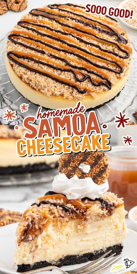 Samoa Cheesecake Samoa Cheesecake, Unusual Dessert, Snickers Cheesecake, Caramel Coconut, Christmas Cheesecake, Yummy Cheesecake, Coconut Cheesecake, Chocolate Crust, Cake Pop Recipe