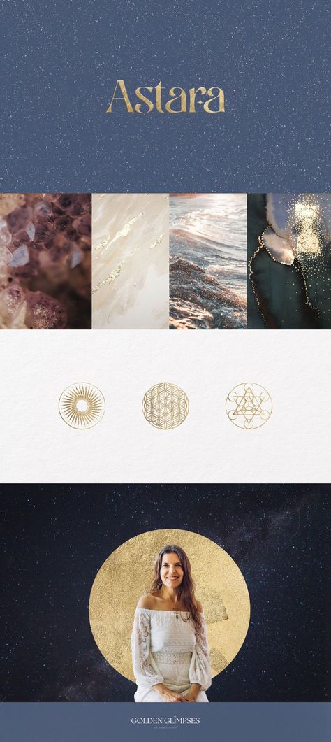 Astara logo in gold foil on speckle blue background, followed by a shimmery moodboard: amethyst image,  gold foil fragments, sunlight reflecting in waves, gold dots painting. Purple tones. Visual elements in golden foil: sun-shaped element, the flower of life, and Metraton's cube. Photo of Astara standing in front of a golden circle with a starry night background.  Golden Glimpses Design Studio logo on a blue background as the footer. Magic Website Design, Spiritual Branding Design, Lush Branding, Mystic Branding, Crystal Branding, Ethereal Branding, Celestial Branding, Aura Branding, Mystical Branding