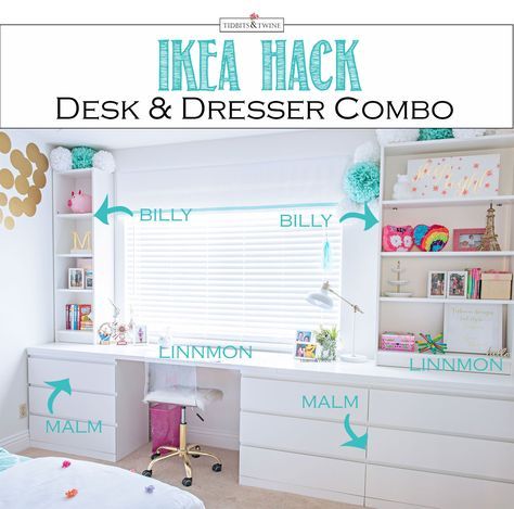 IKEA Hack - Custom Desk & Dresser Combo | TIDBITS&TWINE Desk Dresser Combo, Ikea Hack Kids, Ikea Built In, Ikea Desk Hack, Desk Hacks, Hack Ikea, Malm Dresser, Dresser Desk, Ikea Kids