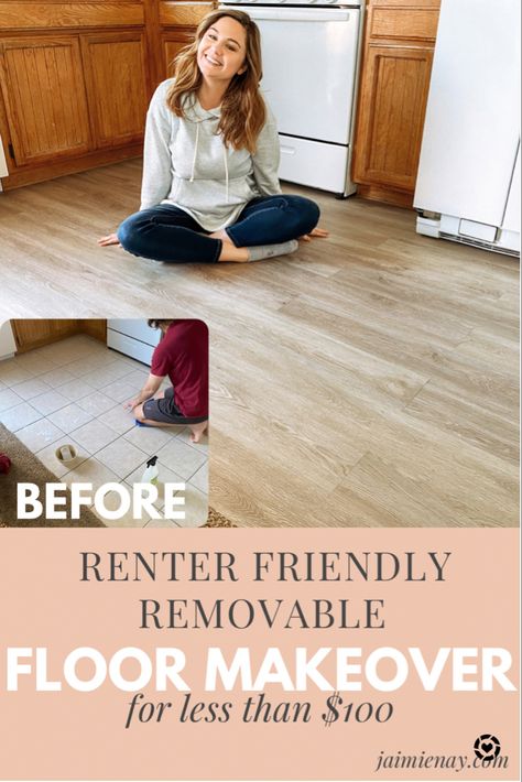 Temporary Wood Floor For Renters, Peel And Stick Floor Tile Rental Friendly, Temporary Flooring For Renters Kitchen, Peel And Stick Floor Tile Rental, Rental Floor Makeover, Renter Friendly Flooring Over Carpet, Rental Friendly Flooring, Rental Friendly Tile Cover, Apartment Friendly Flooring