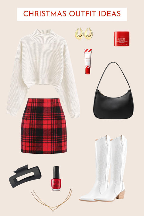 #Ad #AmazonAffiliate Rock the holidays in style! Pair a cozy white cropped turtleneck sweater with a red flannel plaid high-waisted pencil mini skirt for a timeless, festive vibe. Add white knee-high cowboy boots for a trendy twist. Accessorize with a black mini clutch, gold necklace, chunky hoops, a chic black hair claw, Laneige candy cane lip balm, and bold red nails. Perfect for Christmas parties or festive outings! 🎄✨ #HolidayFashion #ChristmasOutfitIdeas Candy Cane Outfit, Christmas Skirt Outfit, Cute Christmas Party Outfits, Red Christmas Outfit, Christmas Fashion Outfits, Holiday Fits, Knee High Cowboy Boots, Cropped Turtleneck Sweater, Girly Christmas Gifts