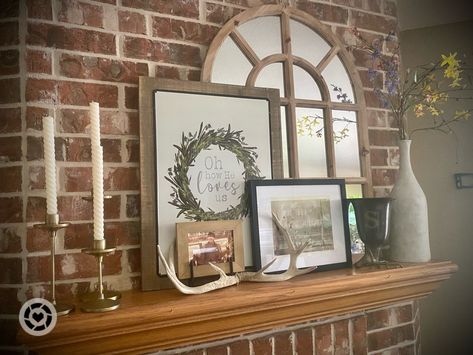 Stacked Pictures On Mantle, Layered Mantle Decor Mirror, Layered Mirror And Art Mantle, Layered Pictures On Mantle, Layering Pictures On Mantle, Layered Mantle Decor, Layering Mirrors, Layer Pictures, Mantle Styling