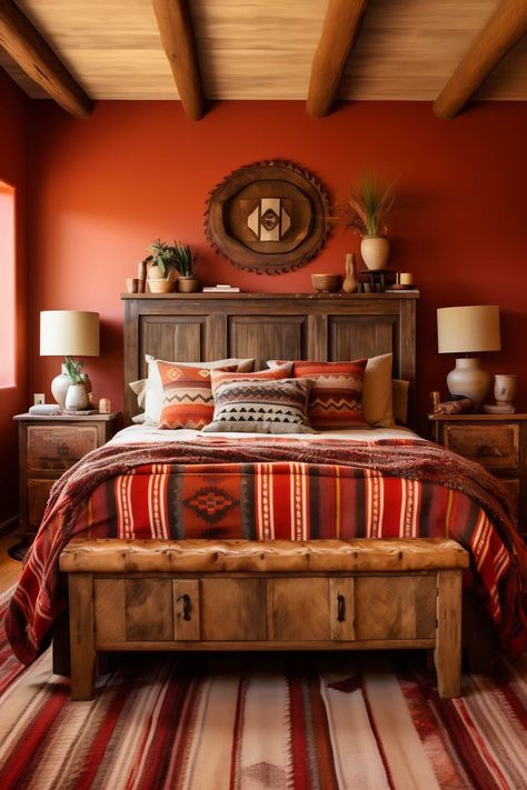 Rustic Red Bedroom Ideas, Deep Red Bedroom, Mexican Houses Interior, Mexican Style Bedroom, Rustic Boho Bedroom, Southwest Bedroom, Mexican Bedroom, Mexican Style Decor, Boho Bedrooms