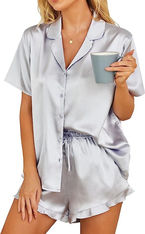 Womens 2 Piece Satin Pajamas Set Button Down Pajama Shirt Silky Ruffled Pjs Shorts Notch Collar Sleepwear Pjs Shorts, Womens Blazer Coat, Satin Pajamas Set, Silk Pjs, Bridesmaid Pjs, Bridesmaid Pajama Set, Satin Pj Set, Black Pajamas, Bridesmaid Pyjamas