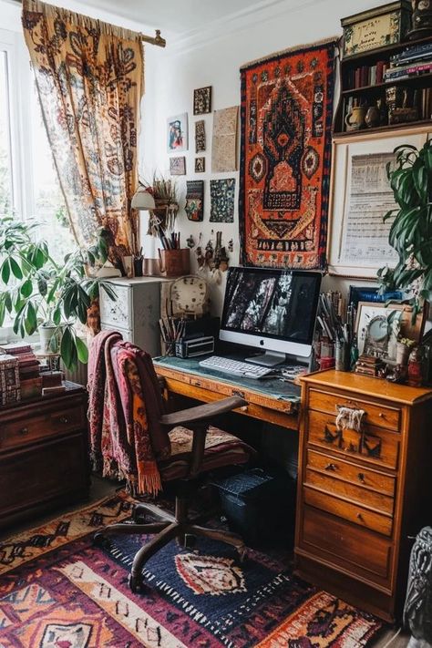 "Add a touch of boho flair to your office with Vintage Bohemian Decor! 🪴🖥️ A great way to create a unique and personalized workspace. 🌿✨ #BohoDecor #VintageOffice #CreativeWorkspace" Boho Bedroom With Desk, Bohemian Academia Aesthetic, Southwest Office, Maximalist Office, Bohemian Home Office, Eclectic Office, Cottage Office, Bohemian Office, Enchanted Woodland