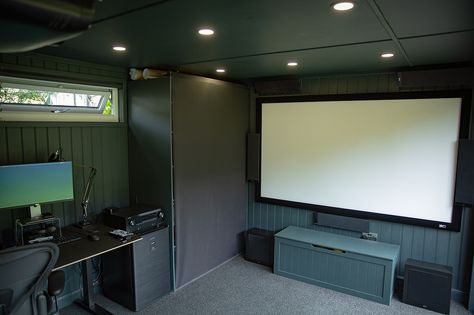 Shed Cinema Room, Garage Cinema Room, Garden Room Interiors, Room Cinema, Teen Hangout, Garden Cabins, Cinema Design, Home Cinema Room, Shed Home