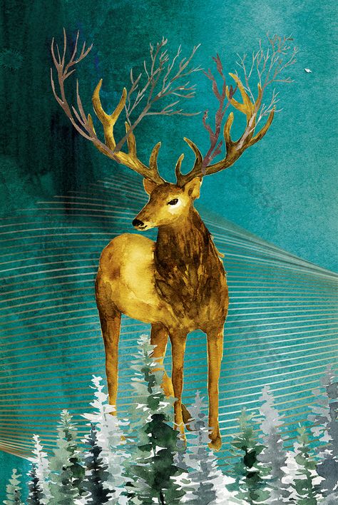 Nordic Abstract Art, Male Deer, Painting Mural, Golden Deer, Gold Deer, Deer Painting, Sofa Decoration, Cartoon Fish, Abstract City