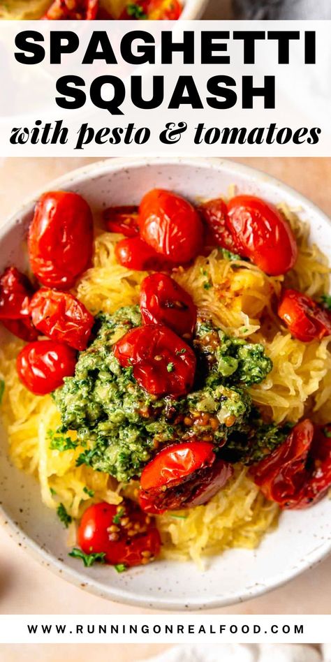 Pasta With Roasted Tomatoes, Pesto Spaghetti Squash, Spaghetti Squash Pasta, Homemade Basil Pesto, Spaghetti Squash Noodles, Pesto Spaghetti, Roasted Tomato Pasta, Spaghetti Squash Recipe, Healthy Veggie