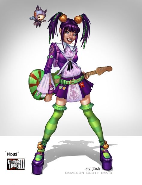 Music Themed Character Design, Guitar Hero Midori, Video Game Pose Reference, Midori Guitar Hero, Guitar Hero Characters, Retro Games Poster, Video Game Character, Hero 3, Hero Costumes