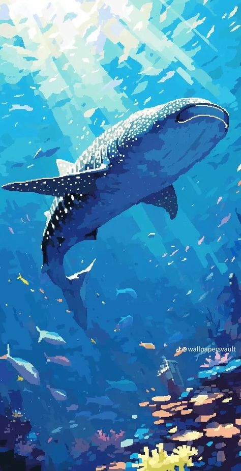 Shark Background, Underwater Scenes, Arte Indie, The Deep Blue Sea, Sea Life Art, Arte 8 Bits, Shark Art, Cute Shark, A Whale