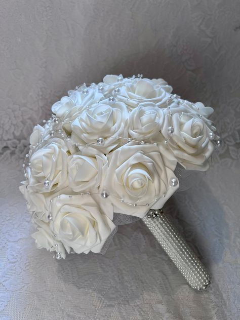 White Bridal Bouquet, 12", pearl garland, pearl handle, pearl brooch, real touch roses, Destination Wedding, artificial bouquet, keepsake Bridal Bouquet With Pearls, Simple White Bouquet Wedding, Pearl Wedding Bouquet, Bouquet Wedding Elegant, Bride Bouquets White Elegant, Bouquet Of Flowers Wedding, Wedding Rose Bouquet, Bouquet With Pearls, Bridal Bouquet Handle