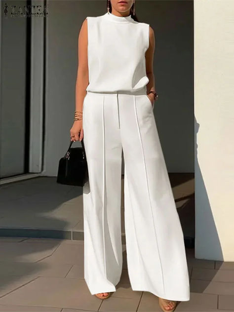 15.73US $ 40% OFF|Elegant Women's Sets ZANZEA 2024 Woman 2 Piece Trouser Sets Fashion 2pcs Outfits Tank Tops and Wide Leg Pant Suits Oversize| |   - AliExpress Wide Leg Pant Suit, Womens Clothing Patterns, Solid Color Pants, Loose Trousers, Outfit Trends, Blouse Pants, Pantalon Large, Ankle Length Pants, Sleeveless Vest