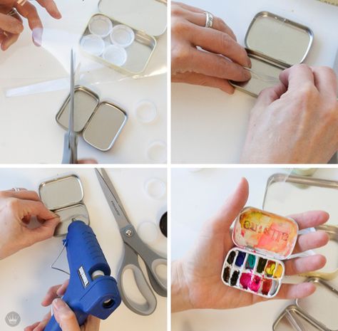 DIY | Make your own mini paint palette out of almost any container | thinkmakeshareblog.com Painted Pallets Ideas, Diy Paint Palette, Watercolor Pallet, Matchbox Crafts, Travel Art Kit, Watercolor Kit, Pallet Painting, Watercolor Palette, Diy Watercolor