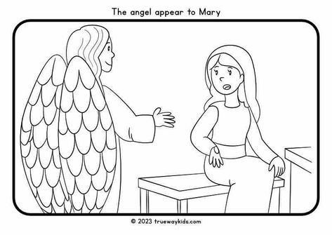 Discover the wonder of the Christmas story with our free 'Angel Visits Mary' coloring page. Perfect for Sunday school or a fun activity at home, this beautifully illustrated page captures the momentous occasion when the Angel Gabriel appeared to Mary, bringing the message of Jesus' birth. Download it now in English, Spanish, or Portuguese and start a meaningful holiday tradition! 🎄✏️ Sunday School Stories, Trueway Kids, Kids Church Lessons, Angel Coloring Pages, Jesus Coloring Pages, Children Church, Jesus Birth, The Christmas Story, Free Angel