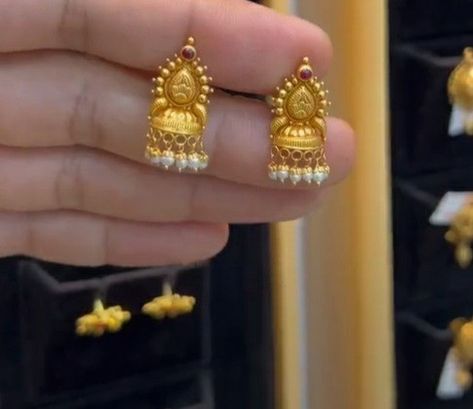 Gold Small Jumka Design, Small Size Gold Jumkas, Small Gold Buttalu Designs, Jumkas Gold With Grams, 3 Grams Gold Earrings Indian Daily Wear, Small Jhumki Earrings Gold, Jimikki Kammal Gold, Gold Jumkas Design, Buttalu Earrings Gold Bridal