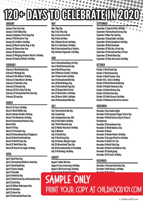 120+ celebrations from around the world to celebrate in 2020 are included in this printable calendar. Includes days raising awareness of social & environmental issues, holidays from around the world, birthdays of children's authors, artists, musicians and more. Handy for classroom planning. List Of All The Holidays, Celebration Days Calendar, Holidays Of The Year, List Of National Days, List Of Holidays, World Holidays, National Holiday Calendar, Silly Holidays, Celebrations Around The World