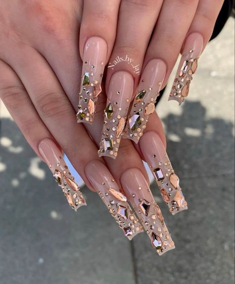 Champagne Nails, Long Acrylic Nails Coffin, Nails 2021, Glam Nails, Uñas Acrilicas, Luxury Nails, Coffin Nails Designs, Fire Nails, Bling Nails