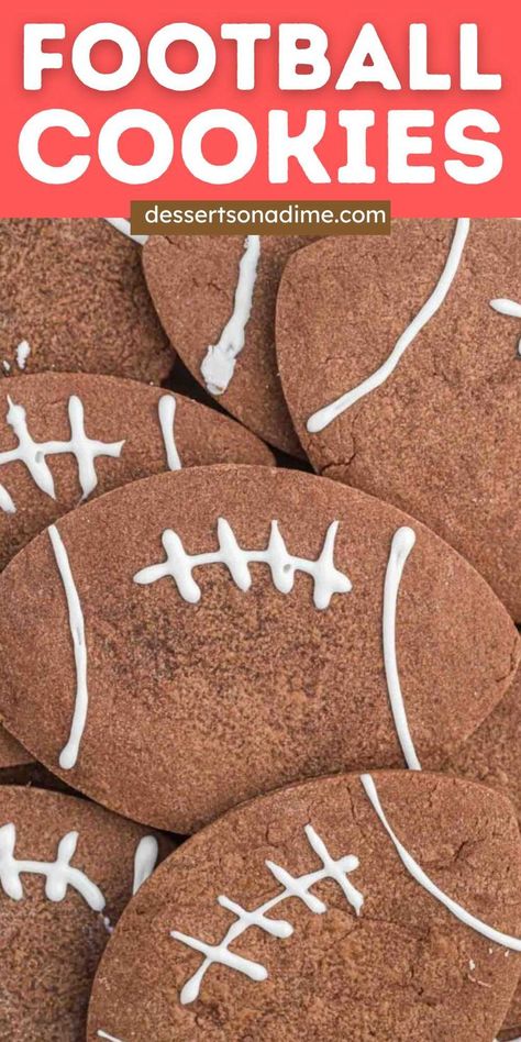 This adorable football cookies recipe is simple to make and perfect for Game Day. Try this festive recipe for an easy treat during the game. Snacks and treats for Game Day are a must. It's even better if they are football shaped. These darling little cookies are so delicious and a must try and made with simple ingredients. #dessertsonadime #footballcookies #gamedaytreat Football Game Snacks, Football Desserts, Chocolate Footballs, Football Cookies, Easy Treat, Game Snacks, Shaped Cookies, Cookies Easy, Themed Desserts