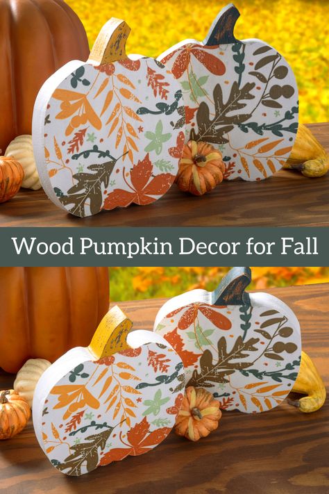 Learn how to make wood pumpkin decor using pumpkin shapes, paint, and fall napkins! This is a perfect decorating idea for beginners. Cute Wood Pumpkin Painting Ideas, How To Paint Wood Pumpkins, Paint Wood Pumpkins Ideas, Wooden Pumpkin Decorating Ideas, Paint Wooden Pumpkin, Wood Craft Painting Ideas, Fall Wooden Pumpkins Diy, Painted Pumpkin Wood Cutouts, Fall Wood Pumpkins Diy