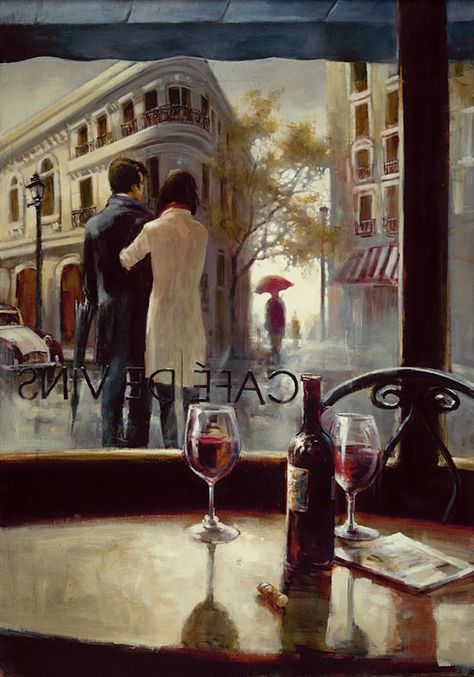 Cafe de Vins by Brent Heighton Brent Heighton, Rain Painting, Canadian Painters, Wine Painting, Rain Art, Cafe Art, After The Rain, Wine Art, Canadian Artists