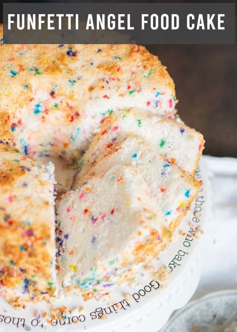 Soft, fluffy angel food cake from scratch! Use this Funfetti Angel Food Cake as a low fat birthday cake or a colorful addition to any family gathering.  #angelfood #cake #funfetti Funfetti Angel Food Cake, Confetti Angel Food Cake Recipes, Angle Food Cake Recipe, Flavored Angel Food Cake, Box Angel Food Cake Recipes, Confetti Angel Food Cake, Angel Food Cake From Scratch, Angel Food Cake Recipes, Angelfood Cake