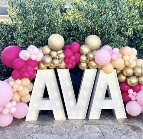 Balloons Around Marquee Letters, Marquee Name With Balloons, Marquee Lights With Balloons, Marque Letters With Balloons, Marquee Balloons, Marquee Letters With Balloons, Pink Pancake, Diy Marquee Letters, Letters Diy