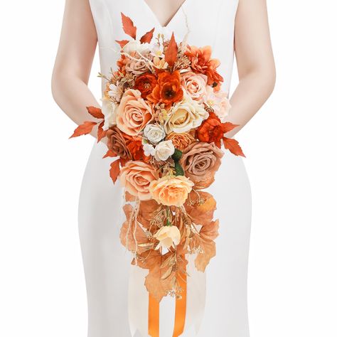 PRICES MAY VARY. 𝘼𝙧𝙩𝙞𝙛𝙞𝙘𝙞𝙖𝙡 𝘽𝙤𝙪𝙦𝙪𝙚𝙩𝙨 𝙀𝙭𝙦𝙪𝙞𝙨𝙞𝙩𝙚 𝘿𝙚𝙨𝙞𝙜𝙣: Our artificial wedding bouquet is a stunning blend of orange, champagne silk flowers. And our bouquet is water droplet shaped. These faux flowers and greeneries are all have bright colors and realistic appearance 𝘼𝙧𝙩𝙞𝙛𝙞𝙘𝙞𝙖𝙡 𝘽𝙤𝙪𝙦𝙪𝙚𝙩𝙨 𝙎𝙞𝙯𝙚: Our wedding bouquets has a diameter of approximately 9.8 inches and an overall length of approximately 19.7 inches. The length of the handle is approxi Orange Champagne, Orange Bridal Bouquet, Fall Wedding Ceremony, Artificial Wedding Bouquets, Artificial Bouquet, Artificial Flowers And Plants, Anniversary Decorations, Holding Flowers, Autumn Decor