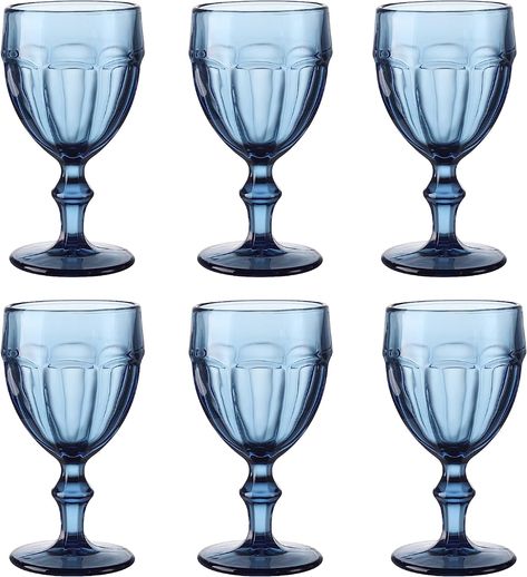 Amazon.com | EAST CREEK | Set of 6 Colored Water Glasses with Stem | Vintage Look for Weddings, Parties, Daily Use | Footed Iced Beverage Goblets | Navy Blue: Mixed Drinkware Sets Blue Bar Cart, Bar Cart Ideas, Colored Drinking Glasses, Colored Water, Cart Ideas, Vintage Drinking Glasses, Blue Mason Jars, Blue Bar, Blue Glassware