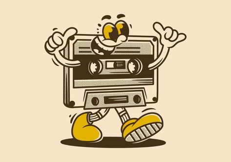 Vintage illustration of walking Cassette tape mascot character with happy face Cartoon Cassette Tapes, 1930s Cartoons, Gift Crafts, Skull Crossbones, Portraiture Drawing, Graphic Design Photoshop, Design Photoshop, Mascot Character, Nice Pictures