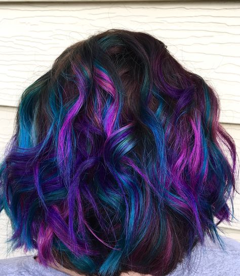 Pink, purple, and teal balayage highlights. Hair and makeup by jaidyn perkins. Joico intensity hair color. Teal Balayage, Peacock Hair Color, Blue Motivation, Midnight Hair, Blue Hairstyles, Peacock Hair, Galaxy Hair, Purple Highlights, Lilac Hair