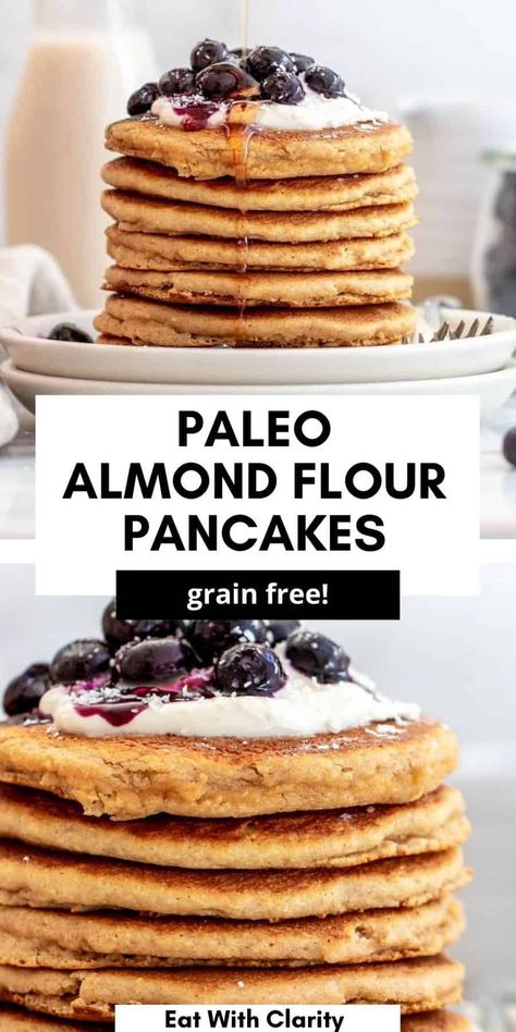 These easy almond flour pancakes are light, fluffy and totally paleo, gluten free and vegan. This healthy breakfast recipe is perfect for meal prep and is easy to make. Paleo Pancakes Almond Flour, Paleo Pancake Recipe, Paleo Pancake, Fluffy Gluten Free Pancakes, Grain Free Pancakes, Almond Flour Pancakes, Coconut Flour Pancakes, Pancakes Vegan, Dairy Free Pasta