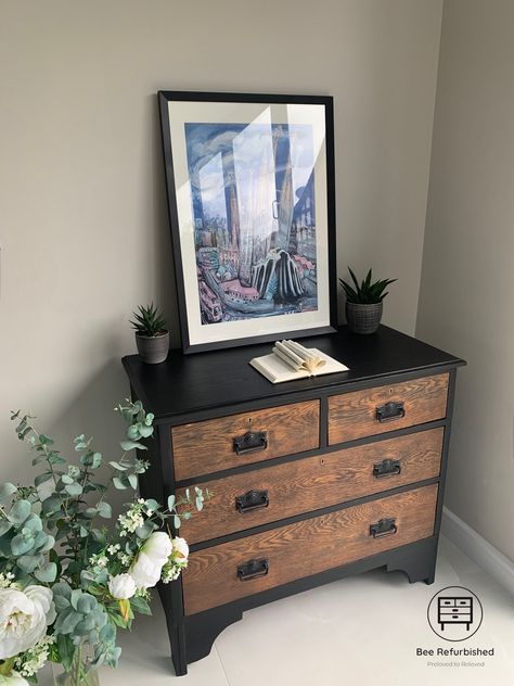 This piece is sold but I have similar oak pieces which I can customise in this style A beautiful refurbished solid oak Vintage chest of drawers. This beautiful piece of furniture has been sanded back to bare oak and hand painted in Fusion mineral paint (Coal Black) and finished in Ebony Fusion's finishing oil. The drawers have been finished in Cappuccino stain and finishing oil. * Smooth working drawers which have been    waxed * Painted back of chest * Original vintage handles cleaned and spray Mixing Black Furniture With Wood, Dark Wood And Black Furniture, Black Furniture Flip, Painting Furniture Brown, Black Refurbished Dresser, Black And Oak Bedroom, Nightstand Refurbished, Black And Wood Furniture, Refurbished Drawers