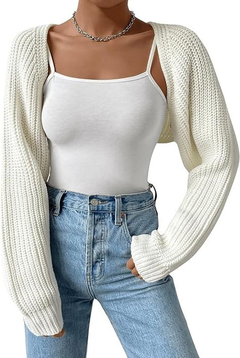 Verdusa Women's Long Sleeve Open Front Knitted Crop Cardigan Sweater Shrug Cream White S at Amazon Women’s Clothing store Sweater Shrug Outfit, Crop Knit Sweater Outfit, White Knitted Sweater Outfit, Cropped White Sweater, White Cropped Cardigan, Casual Cardigan Sweater, White Shrug, Warm Fits, Sweater Shrug