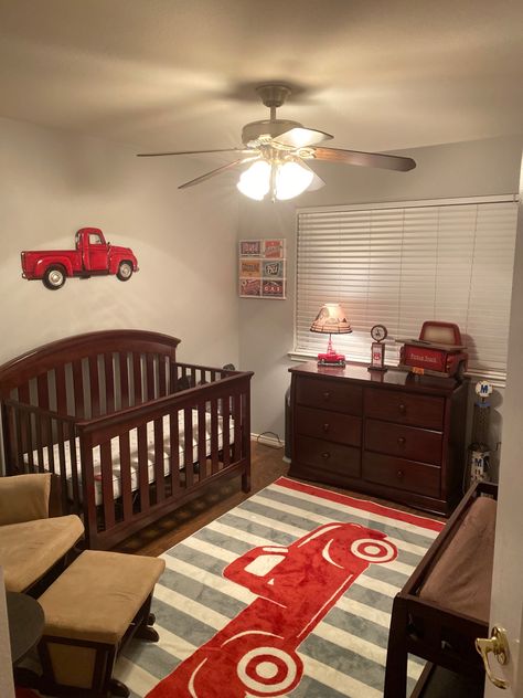 Classic Cars Nursery Theme, Ford Nursery, Truck Nursery Theme, Vintage Truck Nursery, Red Nursery Boy, Boy Nursery Cars, Car Themed Nursery, Red Nursery, Truck Nursery