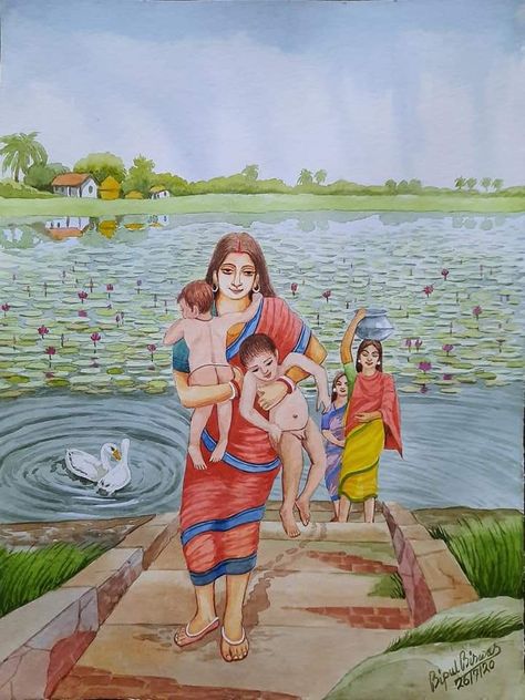 Village Life Drawing, Village Scene Drawing, Village Women, Childhood Memories Art, Bengali Art, Human Figure Sketches, Durga Painting, Indian Wedding Couple Photography, Scene Drawing