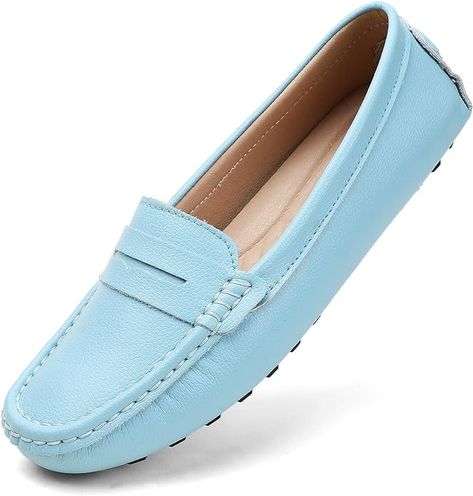 Amazon.com | BEAUSEEN Light Blue Penny Loafers for Women Size 8 Genuine Leather Women's Driving Loafers,8 US | Loafers & Slip-Ons Penny Loafers For Women, Shoes Leather Women, Womens Driving Loafers, Womens Loafers, Blue Loafers, Designer Loafers, Loafers Women, Driving Loafers, Leather Shoes Woman