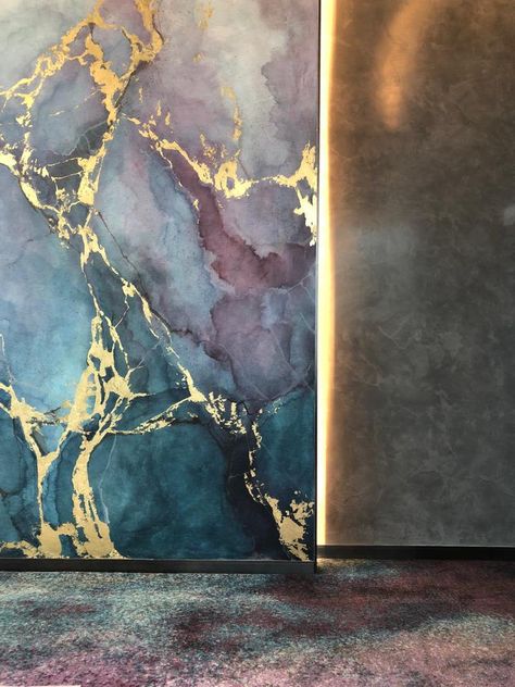 Blue and Purple Watercolour Marble Effect by Elsa Jeandedieu Studio seen at K11 Atelier | Wescover Marble Wall Paint, Marble On Wall, Marble Walls, Watercolor Mural, Marble Wall Mural, Canvas For Beginners, Canvas Painting Ideas, Marble Painting, Easy Canvas Painting