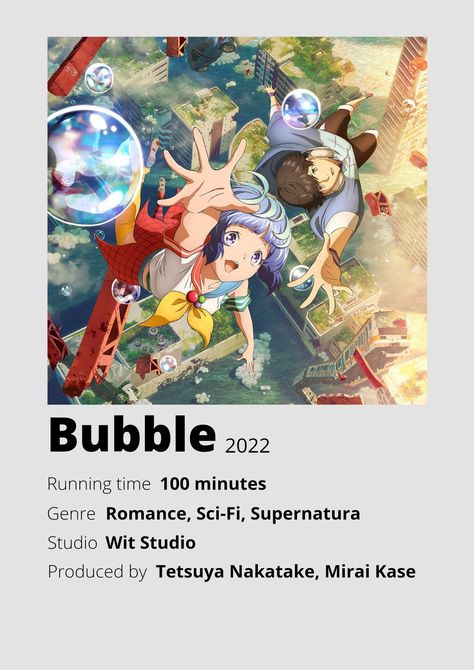 Bubble Anime Movie Anime Minimalist poster 😊 Information taken from myanimelist.net and wikipedia.org Anime To Watch, Blouses Casual, Japanese Animated Movies, Anime Suggestions, Anime List, Film Anime, Animes To Watch, Poster Anime, Anime Printables