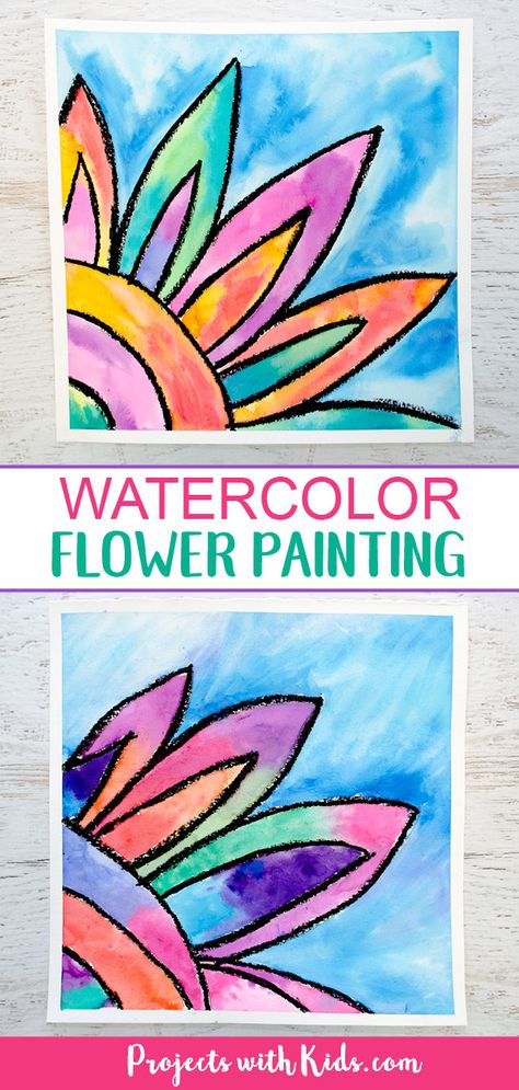 Bright bold colors give this watercolor flower painting the wow factor! Kids will love using easy watercolor techniques to create this gorgeous art project. #watercolorpainting #kidsart #flowercrafts #projectswithkids Watercolor Flower Painting, Spring Art Projects, 2nd Grade Art, Kids Watercolor, Watercolor Projects, Homeschool Art, Kindergarten Art, School Art Projects, Watercolor Flowers Paintings