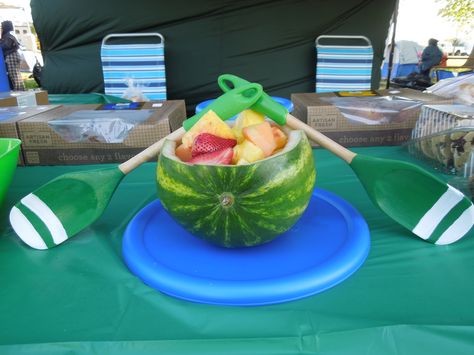 Watermelon rowing shell - filled with cut fruit!  Great for hungry rowers after the regattas! Rowing Crew Party Ideas, Rowing Themed Party, Rowing Shell, Senior Banquet, Rowing Team, Rowing Crew, Crew Team, Themed Party Ideas, Party Deco