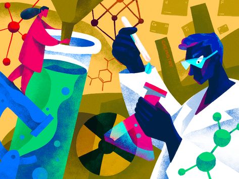 Science Illustrations: Chemistry by tubik.arts on Dribbble Science Lab Illustration, Laboratory Design Illustration, Science Illustration Art, Science Mural, Chemistry Illustration, Utopia Aesthetic, Laboratory Illustration, Science Graphic Design, Science Pictures