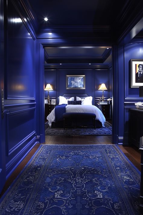 29 Dark Feminine Bedroom Ideas for a Sophisticated Space 19 Blue And Gold Bedroom, Blue Bedroom Walls, Navy Blue Bedrooms, Sage Green Bedroom, Feminine Bedroom, Gold Bedroom, Blue Room, Bedroom Walls, Bedroom Color Schemes