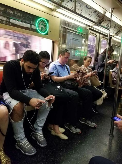 Everyone On Their Phones, Person On Their Phone, People On Their Phones, People On Phones, Subway People, Phone Addict, Odd Names, City People, Subway Train