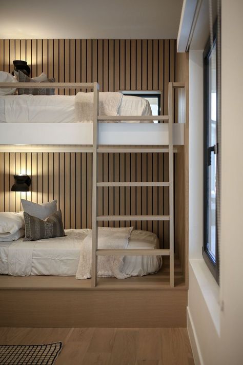 Project Reveal: The Boy’s Bunk Room of our Elevated Views Project – Becki Owens Blog Condo Bunk Bed Ideas, Sophisticated Bunk Beds, Bachelor Suite Ideas Small Spaces, Closet Bunk Beds Built Ins, Japandi Bunk Bed, Twin Bunk Bed Ideas For Small Room, Girls Bunk Room, Built In Bunk Beds Small Room, 3 Beds In One Room Ideas