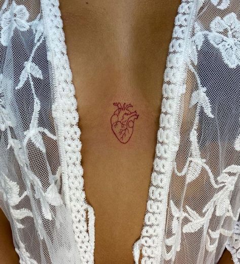 Red Tiny Anatomical Heart Tattoos Anatomical Heart Tattoo Sternum, Heart Tattoo In Between Chest, Anatomical Heart Tattoo Red Ink, Red Human Heart Tattoo, Red Anatomical Heart Tattoo, Tattoo Breast, Creative Heart Tattoo, Small Anatomical Heart Tattoo, Red Ink Heart Tattoo