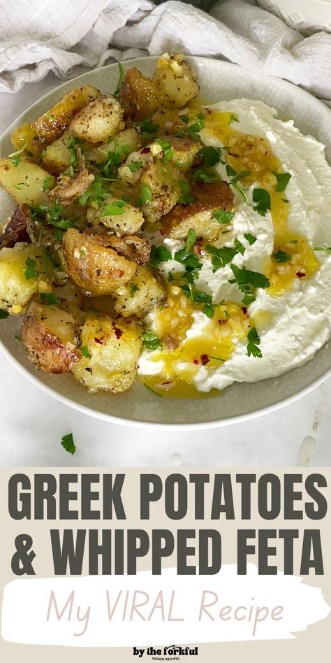 a plate with whipped feta on the right, and a heap of roasted greek potatoes on the left, all topped with fresh parsley Greek Roasted Potatoes, Greek Potatoes, Whipped Feta, Small Plate, Mediterranean Diet Recipes, Side Recipes, Roasted Potatoes, Grocery List, Greek Recipes